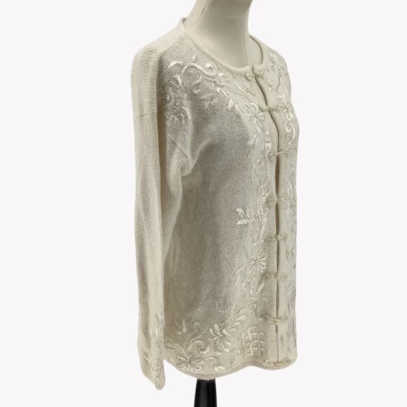 Rebecca Stone Ivory Cardigan Sweater Floral Beading & Button Closure Womens M - Picture 2 of 6